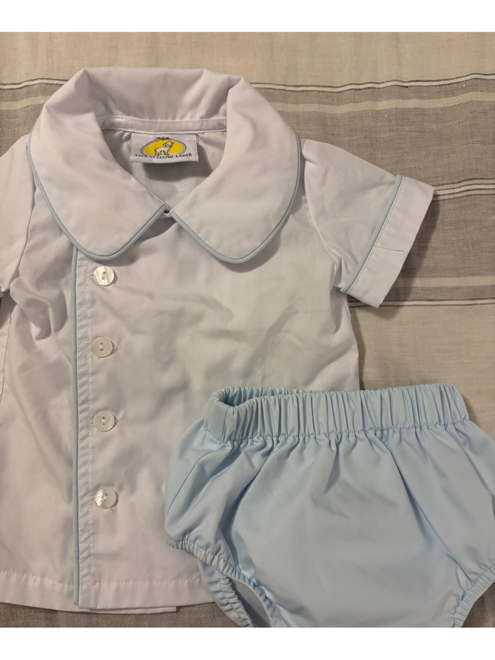 6M Boys White Button Down Collared Shirt and Blue Diaper Cover Set